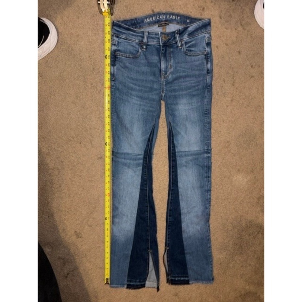 American Eagle Next Level Stretch Two Tone Flare Jean Blue Size 0 Regular T01-20